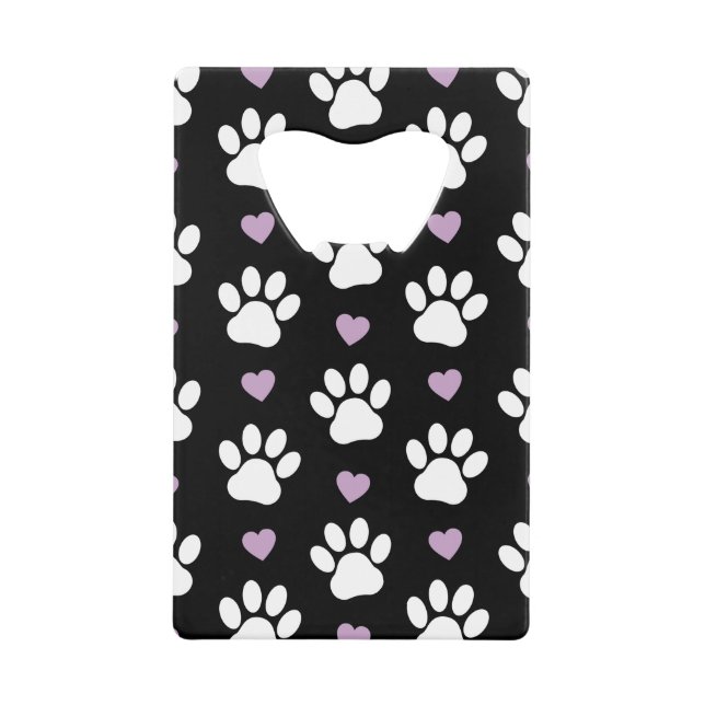 Paw Pattern, Dog Paws, White Paws, Lilac Hearts Credit Card Bottle Opener (Front)