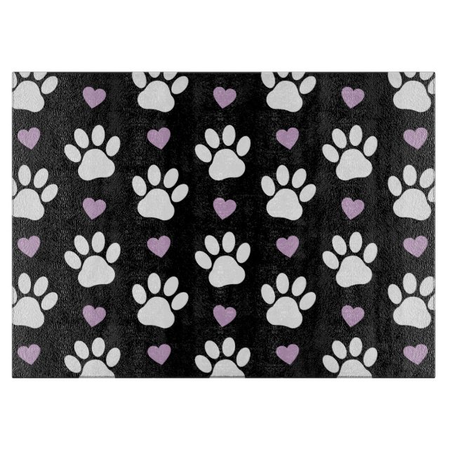 Paw Pattern, Dog Paws, White Paws, Lilac Hearts Cutting Board (Front)