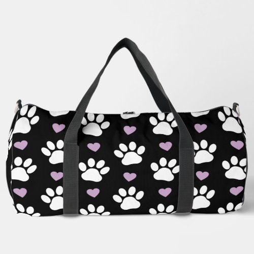 Paw Pattern Dog Paws White Paws Lilac Hearts Duffle Bag