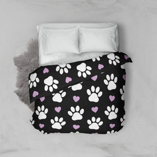 Paw Pattern Dog Paws White Paws Lilac Hearts Duvet Cover