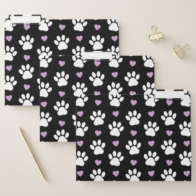 Paw Pattern, Dog Paws, White Paws, Lilac Hearts File Folder (Set)
