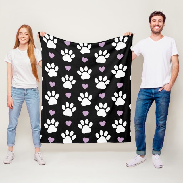 Paw Pattern, Dog Paws, White Paws, Lilac Hearts Fleece Blanket (In Situ)