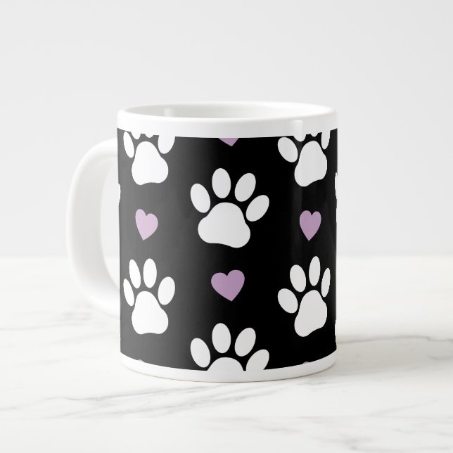Paw Pattern, Dog Paws, White Paws, Lilac Hearts Giant Coffee Mug (Front Left)