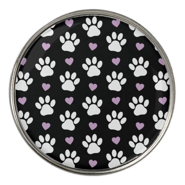 Paw Pattern, Dog Paws, White Paws, Lilac Hearts Golf Ball Marker (Front)