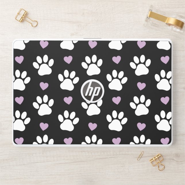 Paw Pattern, Dog Paws, White Paws, Lilac Hearts HP Laptop Skin (Desk)