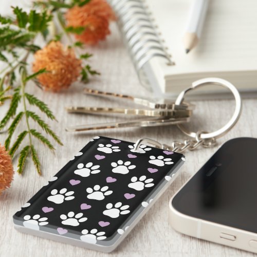 Paw Pattern Dog Paws White Paws Lilac Hearts Keychain