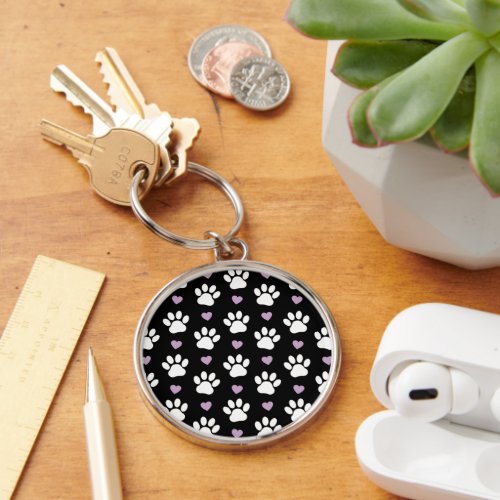 Paw Pattern Dog Paws White Paws Lilac Hearts Keychain