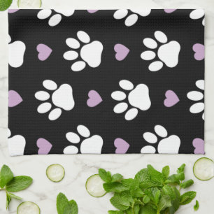 Paw Pattern, Dog Paws, White Paws, Lilac Hearts Kitchen Towel