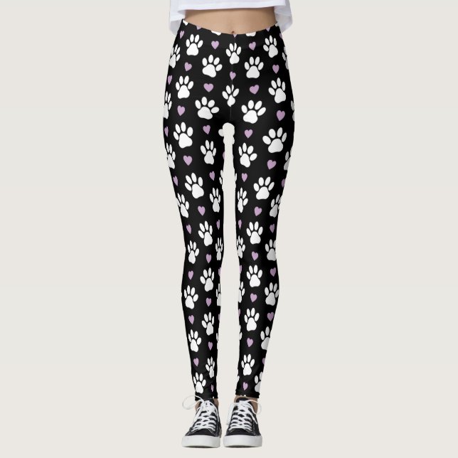 Paw Pattern, Dog Paws, White Paws, Lilac Hearts Leggings (Front)
