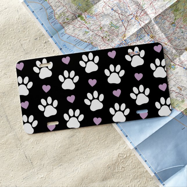 Paw Pattern, Dog Paws, White Paws, Lilac Hearts License Plate (In Situ)