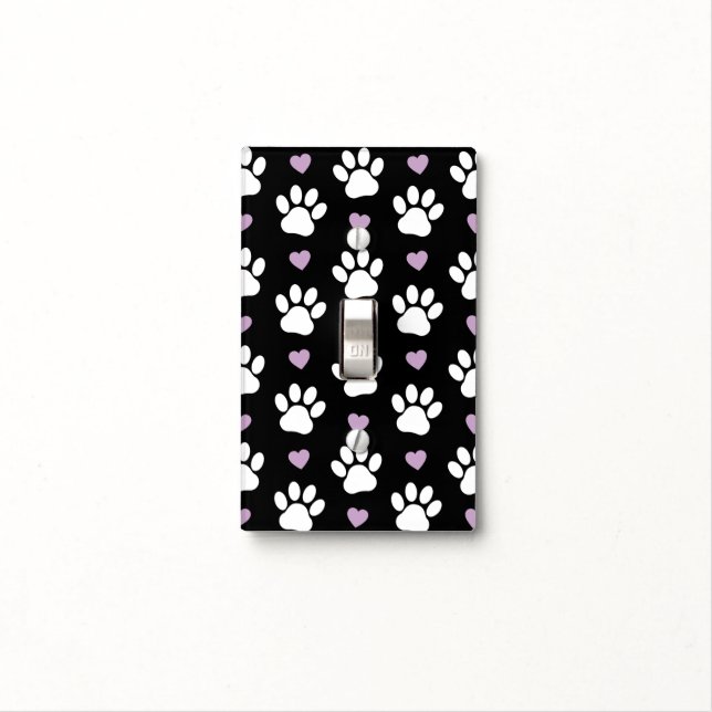 Paw Pattern, Dog Paws, White Paws, Lilac Hearts Light Switch Cover (In Situ)