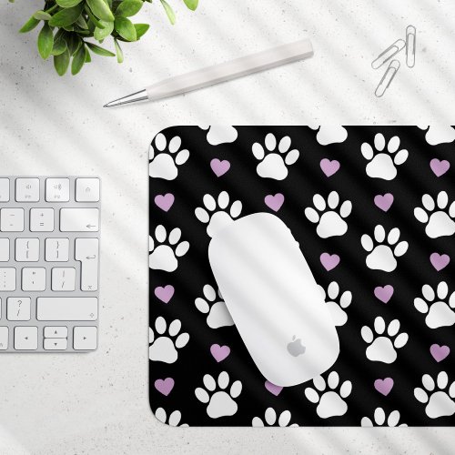 Paw Pattern Dog Paws White Paws Lilac Hearts Mouse Pad