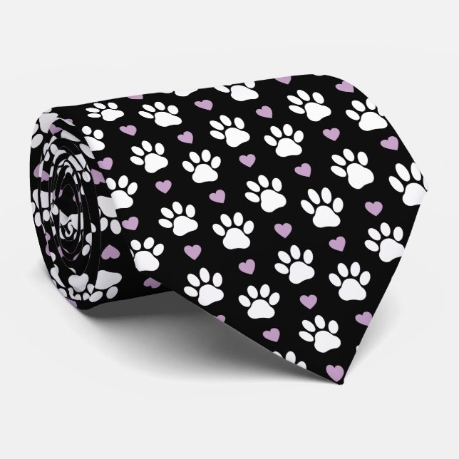Paw Pattern, Dog Paws, White Paws, Lilac Hearts Neck Tie (Rolled)