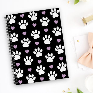 Paw Pattern, Dog Paws, White Paws, Lilac Hearts Notebook