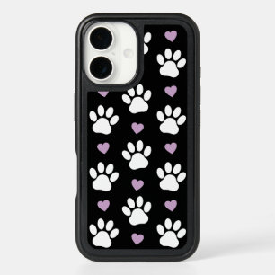 Paw Pattern, Dog Paws, White Paws, Lilac Hearts iPhone 16 Case