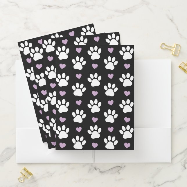 Paw Pattern, Dog Paws, White Paws, Lilac Hearts Pocket Folder (In Situ)