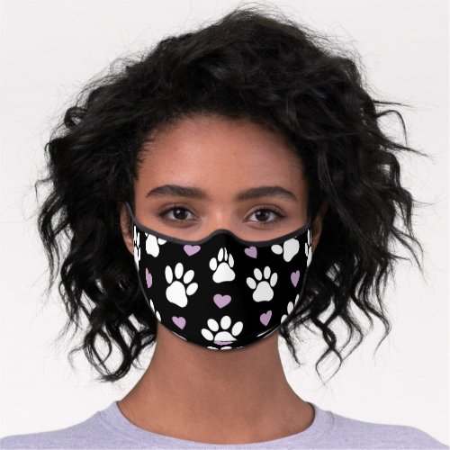 Paw Pattern Dog Paws White Paws Lilac Hearts Premium Face Mask