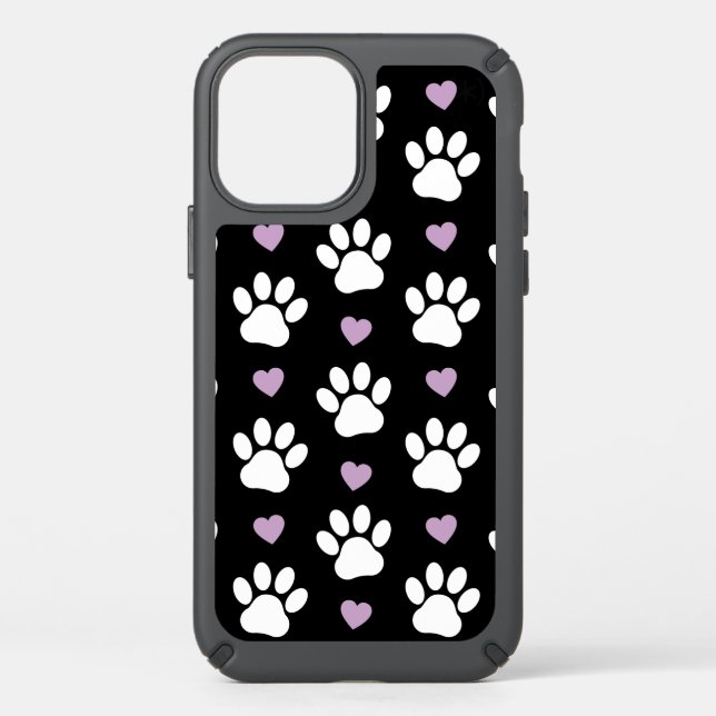 Paw Pattern, Dog Paws, White Paws, Lilac Hearts Speck iPhone 12 Case (Front)