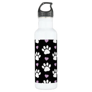 Paw Pattern, Dog Paws, White Paws, Lilac Hearts Stainless Steel Water Bottle