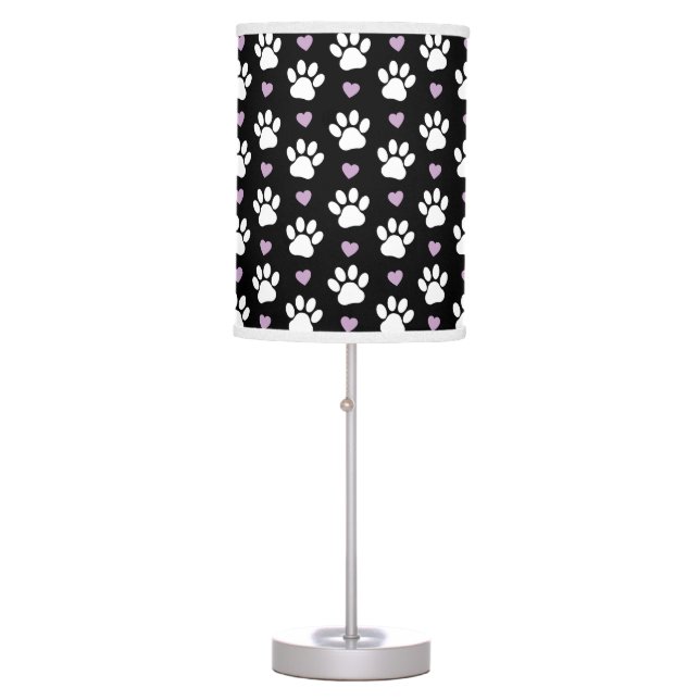 Paw Pattern, Dog Paws, White Paws, Lilac Hearts Table Lamp (Front)