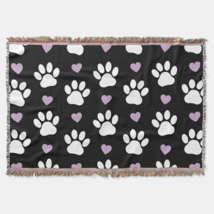 Paw Pattern, Dog Paws, White Paws, Lilac Hearts Throw Blanket