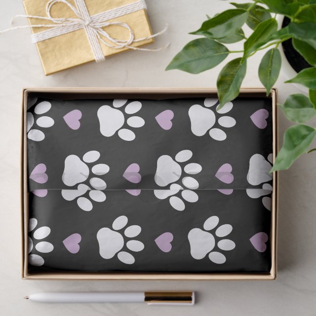 Paw Pattern, Dog Paws, White Paws, Lilac Hearts Tissue Paper (Gift)