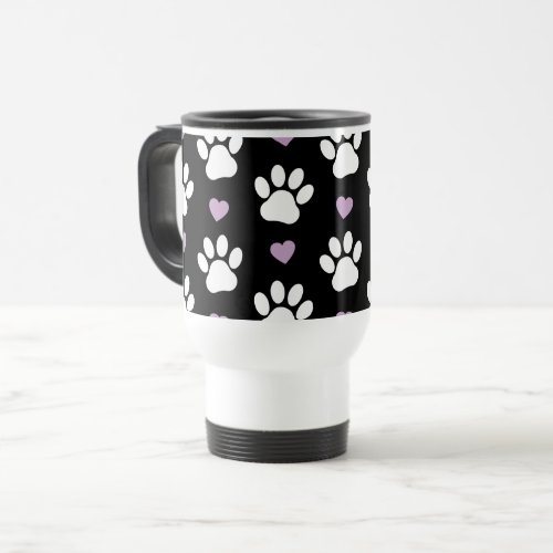 Paw Pattern Dog Paws White Paws Lilac Hearts Travel Mug