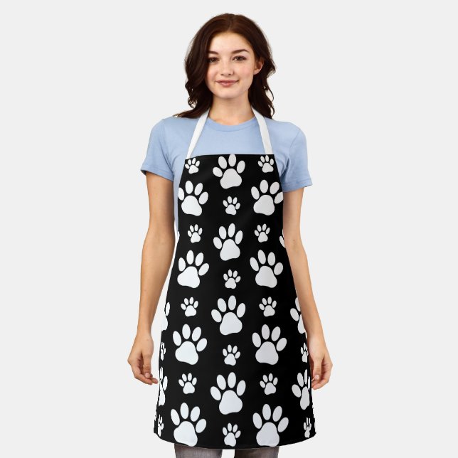 Paw Pattern, Paw Prints, Dog Paws, Black and White Apron (Worn)