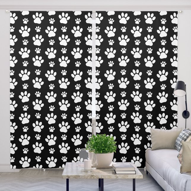Paw Pattern, Paw Prints, Dog Paws, Black and White Blackout Curtains (Living Room)