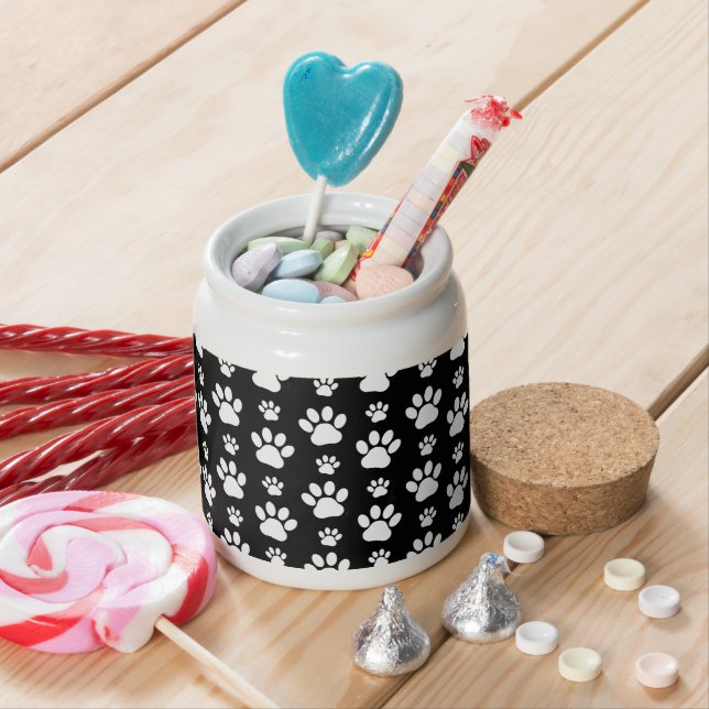 Paw Pattern, Paw Prints, Dog Paws, Black and White Candy Jar (In Situ)