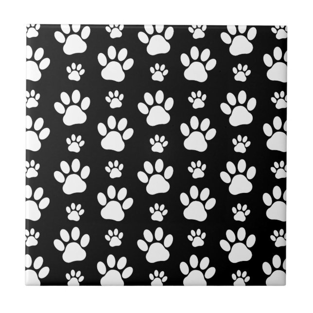 Paw Pattern, Paw Prints, Dog Paws, Black and White Ceramic Tile (Front)