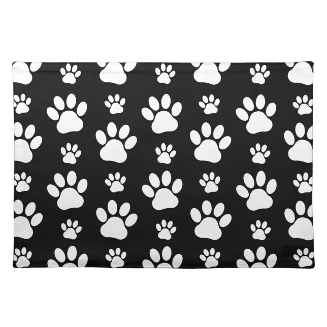 Paw Pattern, Paw Prints, Dog Paws, Black and White Cloth Placemat (Front)