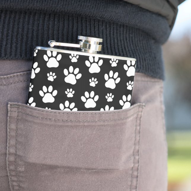 Paw Pattern, Paw Prints, Dog Paws, Black and White Flask (In Situ)