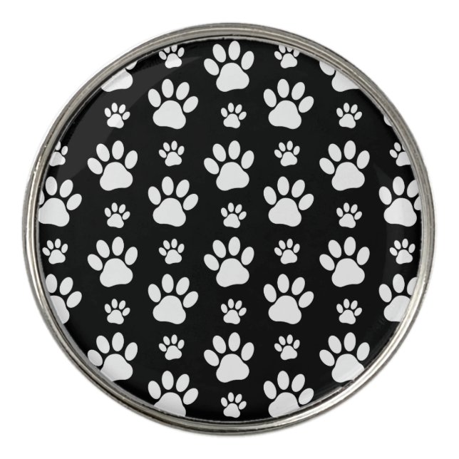 Paw Pattern, Paw Prints, Dog Paws, Black and White Golf Ball Marker (Front)