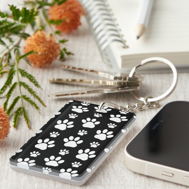Paw Pattern, Paw Prints, Dog Paws, Black and White Keychain (Front Right)