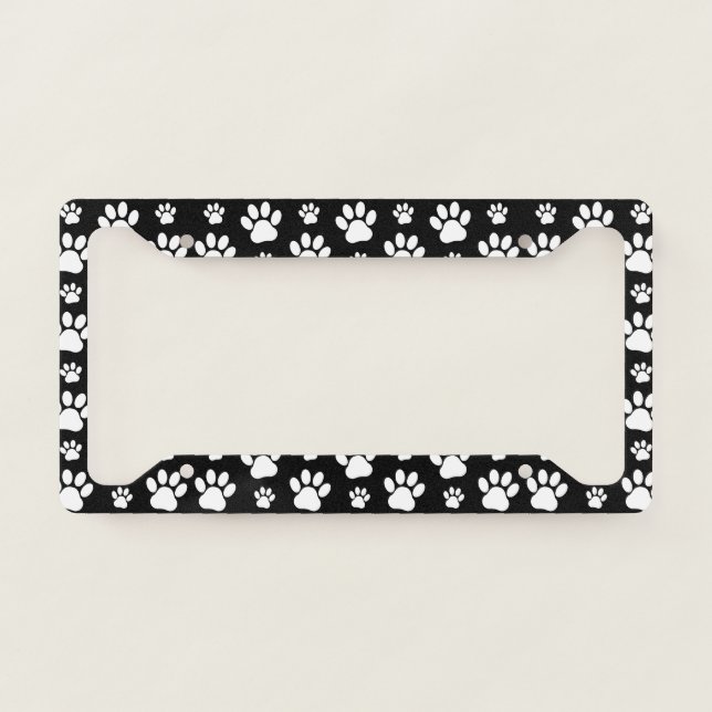 Paw Pattern, Paw Prints, Dog Paws, Black and White License Plate Frame (Front)