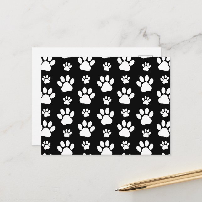 Paw Pattern, Paw Prints, Dog Paws, Black and White Postcard (Front/Back In Situ)