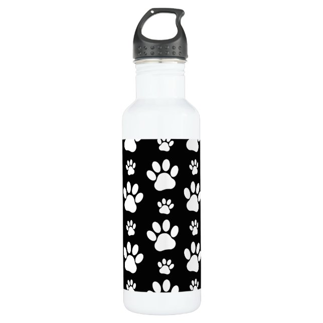 Paw Pattern, Paw Prints, Dog Paws, Black and White Stainless Steel Water Bottle (Front)
