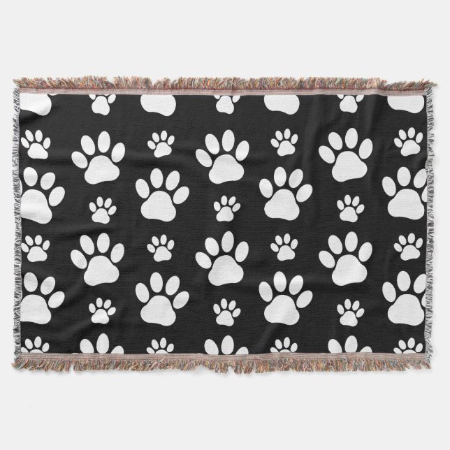 Paw Pattern, Paw Prints, Dog Paws, Black and White Throw Blanket (Front)
