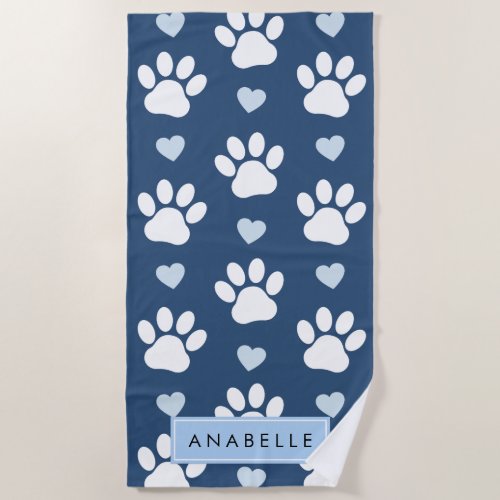 Paw Pattern White Paws Blue Hearts Your Name Beach Towel