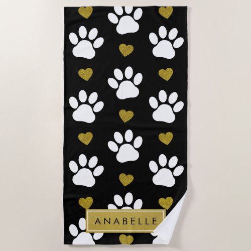 Paw Pattern White Paws Gold Hearts Your Name Beach Towel