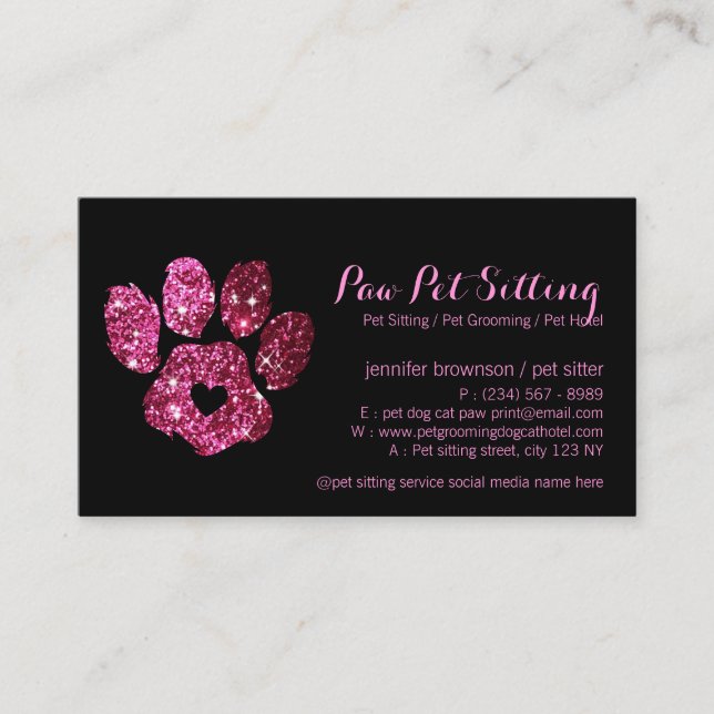 Paw Pet Sitter Grooming Glitter Pink Black Dog Cat Business Card