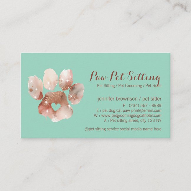 Paw Pet Sitter Grooming Watercolor Dog Cat green Business Card
