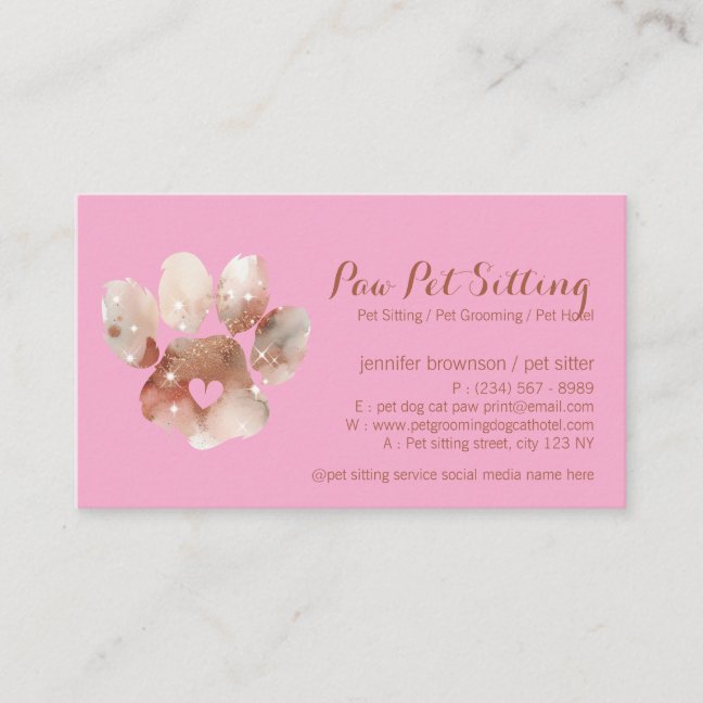 Paw Pet Sitter Grooming Watercolor Dog Cat pink Business Card
