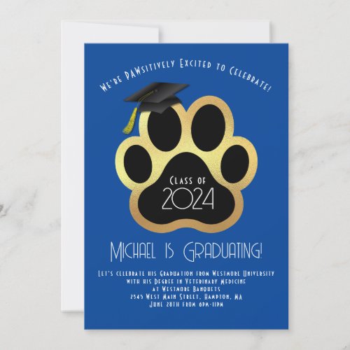 Paw Pet Veterinarian Graduation Party Blue Invitation