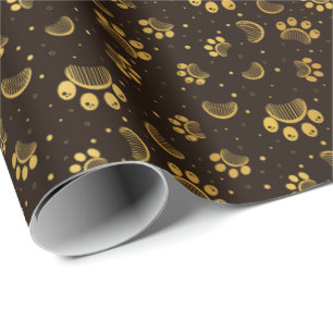 Paw Print and Grooming Comb in Gold Color Wrapping Paper