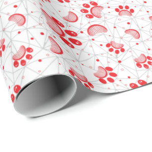 Paw Print and Grooming Comb Pattern in Red Color Wrapping Paper