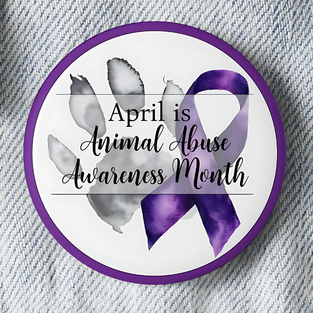 Paw Print April Animal Abuse Awareness Month Button (April is Animal Abuse Awareness Month.  Paw print with purple awareness ribbon pinback button.)
