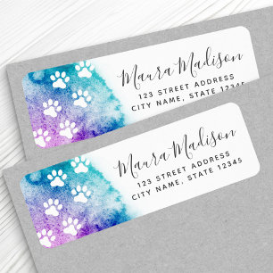 Paw print aqua purple watercolor return address label