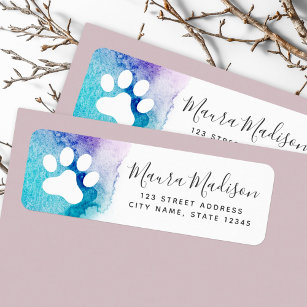 Paw print aqua purple watercolor return address label